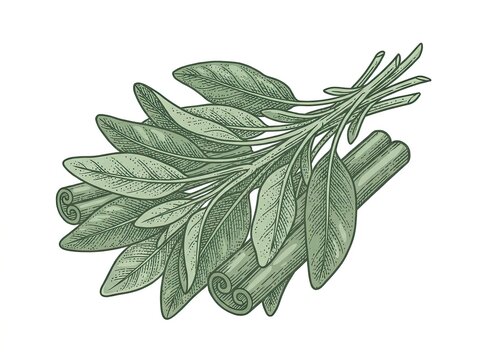 Fresh sage leaves and cinnamon sticks seasonal ingredients for cooking and baking