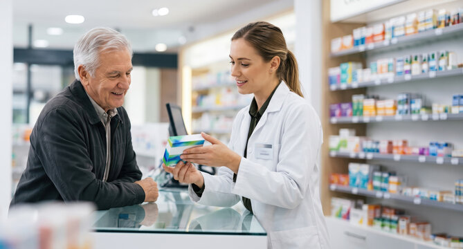 A pharmacist is showing a medication box to a senior man at the counter of a pharmacy. The pharmacy has shelves filled with various health products and medications