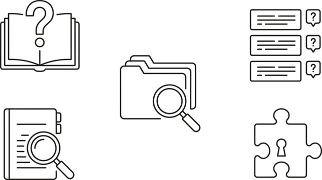 Knowledge Base and Customer Support FAQ Line Icon Set Featuring Inquiry Book, Document Search, Folder Inspection, Question List, and Puzzle Keyhole