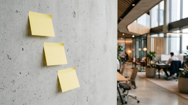 Three blank yellow sticky notes on a concrete office wall