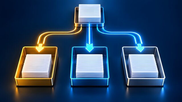 Glowing neon arrows routing documents into separate trays, illustrating digital workflow, file sorting, data classification, and office automation.