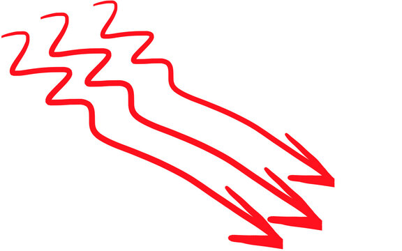 Red zigzag arrow line, hand drawn squiggly direction arrow isolated on white background, bold ink sketch pointer icon