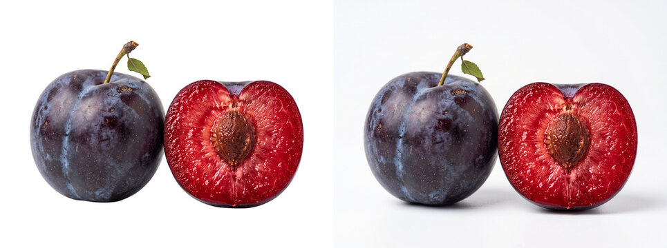 Fresh purple plum with red sliced half and pit. Ripe damson fruit on white background. Juicy organic plums for food packaging.