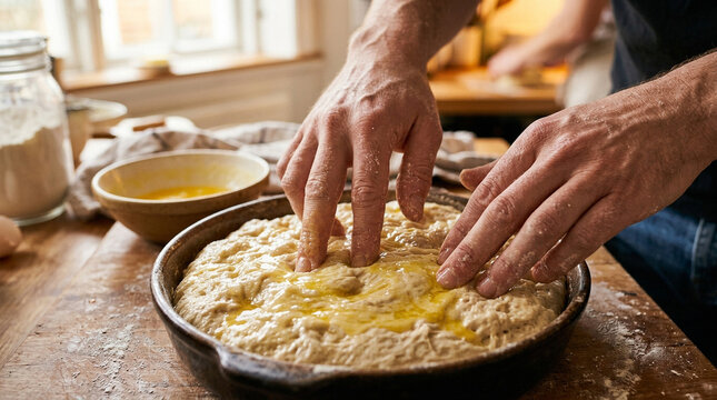Hands pressing dimples into fresh bread dough for baking