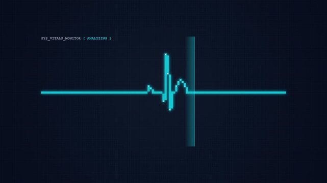 Heartbeat Monitor Displays a Pixelated Ecg Waveform Transitioning from Blue to a Stable Green Line on a Dark Grid Background Indicating Health Stability