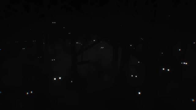 Spooky glowing eyes peer through misty dark forest woods at night creating an eerie horror scene in a seamless 3D motion background