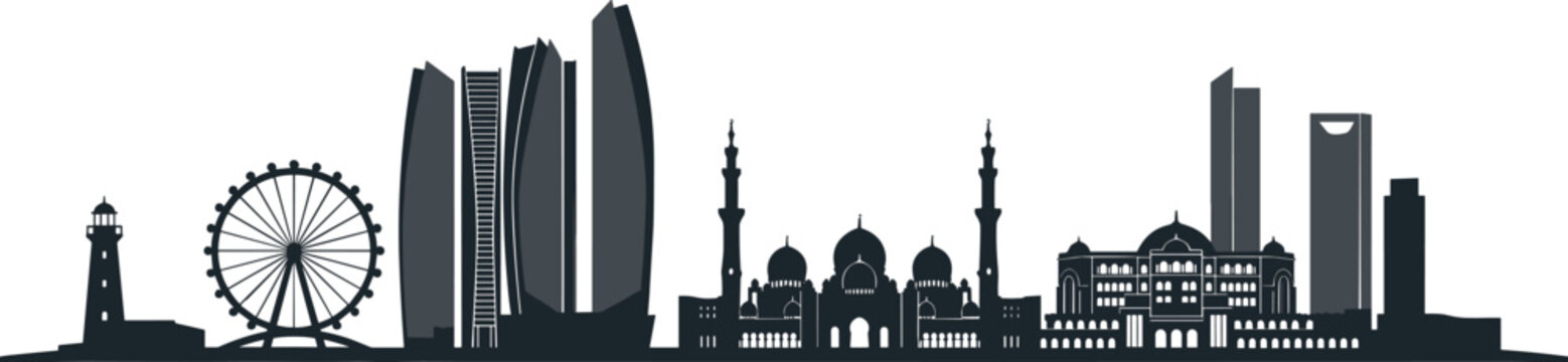 Abu dhabi skyline landmark buildings featuring grand mosque etihad towers ferris wheel lighthouse and modern city skyscrapers