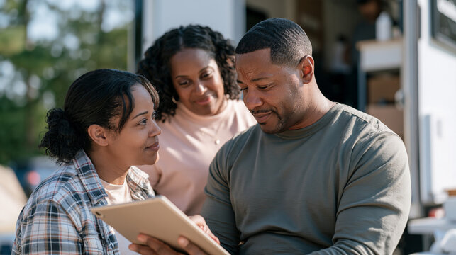 A mobile medical unit visits an army veteran couple in a harsh midday sun rural setting, a biohacking health coach reviews recovery data on a tablet, sweat visible on the
