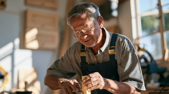 Cabinet maker testing a new dovetail jig in a modest home workshop, fine sawdust drifting through a shaft of window light, unfinished drawer fronts stacked against the wall, an