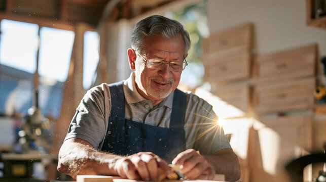Cabinet maker testing a new dovetail jig in a modest home workshop, fine sawdust drifting through a shaft of window light, unfinished drawer fronts stacked against the wall, an