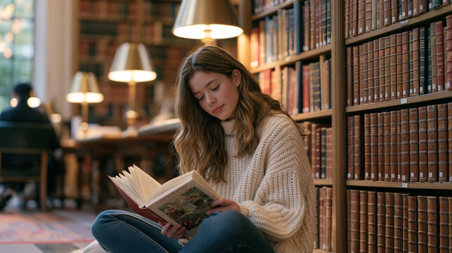 A teenage girl sits cross-legged on a library floor on national poetry day, holding an open illustrated anthology close to her face, shelves of leather-bound books towering around