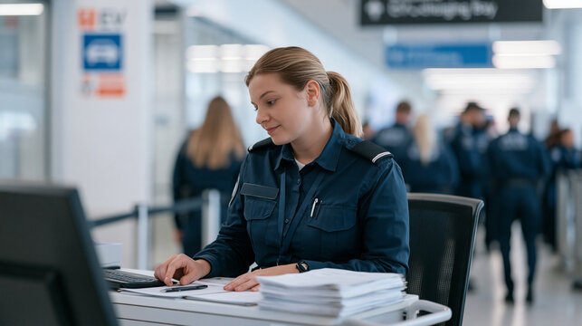 Airport security screening officer archiving inspection shift records in a hospital-style administrative corridor, a stack of shift invoices on a wheeled desk, a crowd of