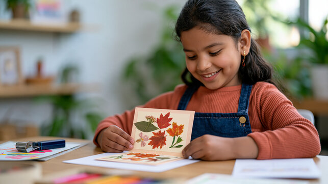 A young Nepalese girl presses colorful leaves and autumn flowers onto a handmade greeting card at a crafting table, world card making day, creative arts, seasonal nature craft,