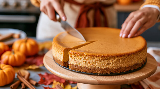 A home baker slicing into a creamy spiced pumpkin cheesecake with a golden graham cracker crust on a wooden cake stand surrounded by mini pumpkins, autumn leaves, and cinnamon