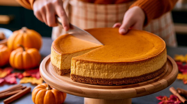 A home baker slicing into a creamy spiced pumpkin cheesecake with a golden graham cracker crust on a wooden cake stand surrounded by mini pumpkins, autumn leaves, and cinnamon