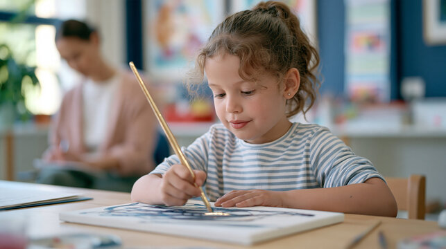 Young girl at an art therapy table in a children's advocacy center, painting with intense focus, the canvas covered in chaotic dark shapes with one small bright area, an art