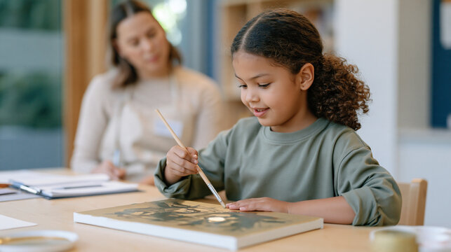 Young girl at an art therapy table in a children's advocacy center, painting with intense focus, the canvas covered in chaotic dark shapes with one small bright area, an art