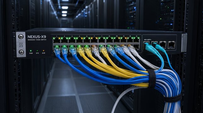 Managed Network Switch With Ethernet Cables In Data center