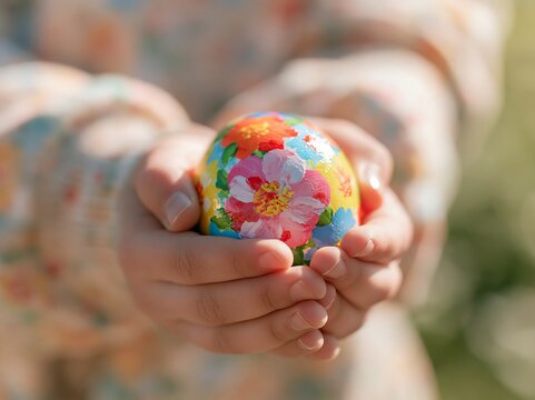 Close up of child's hands holding a brightly decorated Easter egg featuring floral designs, with soft focus background of greenery and pastel colors