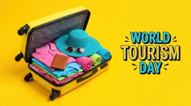 Open yellow suitcase packed with vacation clothes hat and sunglasses for world tourism day celebration Vector