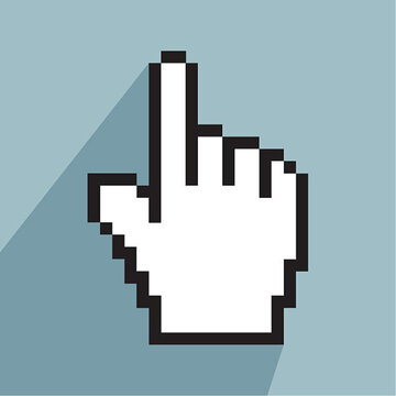 Pixel hand cursor icon points upward with a drop shadow on a blue background.