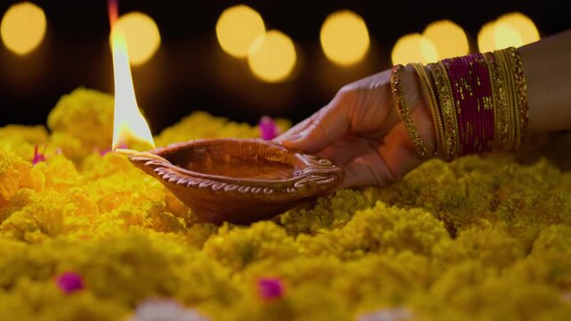 Clay diya lamps lit during diwali celebration, Diwali, or Deepavali, is India's biggest and most important holiday.