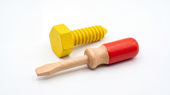 Bright wooden toy screwdriver and yellow bolt constructed for children play isolated on white background