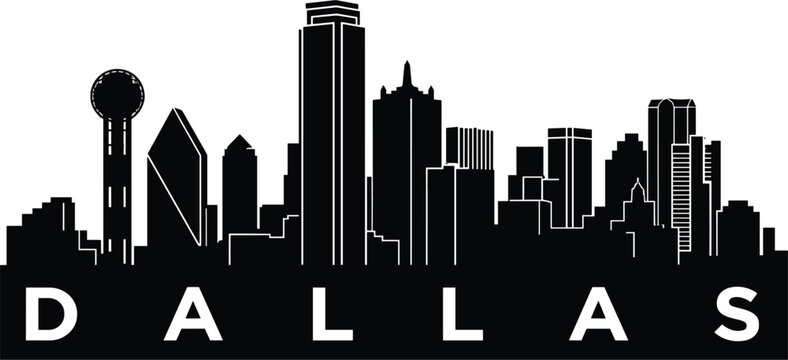 Dallas texas skyline downtown city buildings featuring reunion tower and modern architectural skyscrapers with city name typography