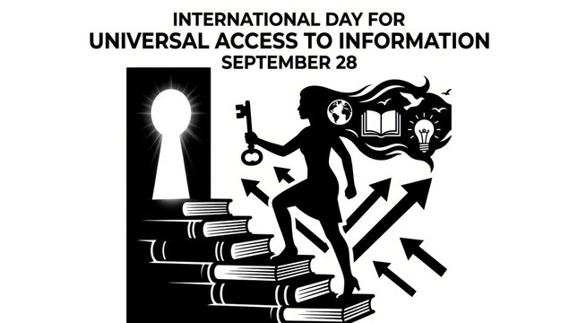 International day for universal access to information concept with a woman walking up a staircase made of books holding a key Vector