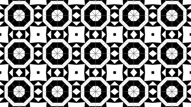 Seamless looping black and white geometric animation. An abstract, kaleidoscopic pattern morphs continuously through intricate symmetrical shapes, including stars, octagons, and circles. Perfect for m