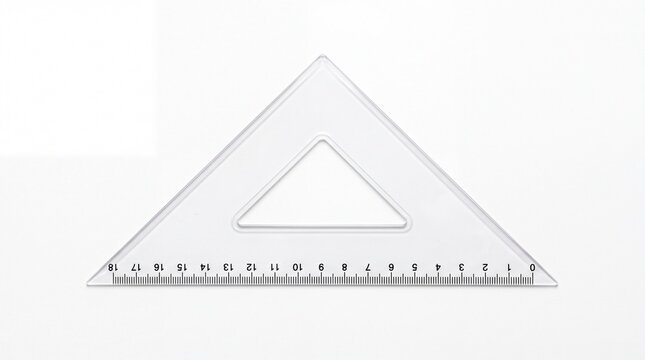 Transparent plastic triangle ruler with precise black measurement markings isolated on white background