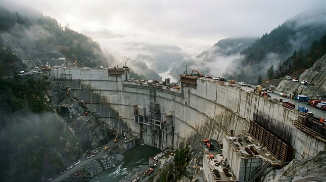 Construction site of a massive concrete hydroelectric dam in mountains