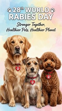 Three cute dogs sitting together for 28th world rabies day awareness poster with colorful puzzle background Vector