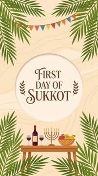 First day of sukkot celebration greeting card with palm leaves and festive table illustration Vector