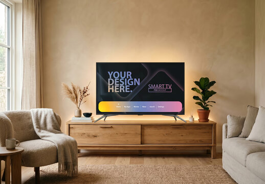Smart Tv Mockup in living room in japandi style