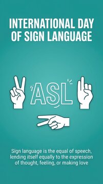International day of sign language poster with asl hand gestures and text on a teal blue background Vector