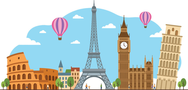 European travel landmarks vector illustration with eiffel tower colosseum big ben and leaning tower of pisa