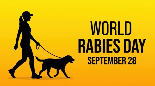 Silhouette of a woman walking her dog on a leash for world rabies day on september 28th on a yellow background Vector