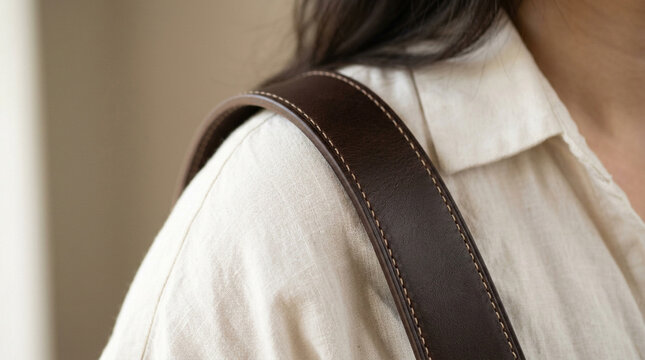 Dark brown leather strap on white linen shirt shoulder