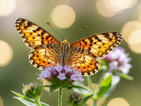 Orange and black butterfly on purple flower nature closeup
