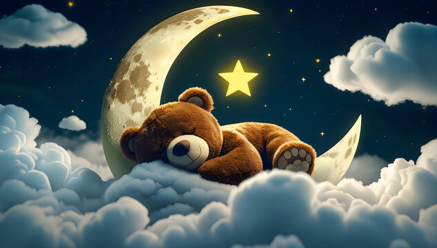 Cute teddy bear sleeping on a crescent moon in the sky illustration