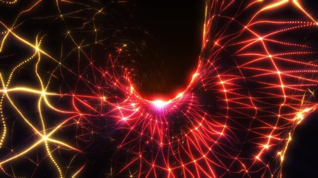Abstract red and orange energy vortex composed of glowing interconnected light lines and luminous particle networks swirling toward a radiant central core.