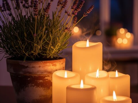 Cozy indoor candle lighting with potted plant