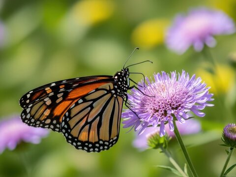 Monarch butterfly on purple flower nature closeup