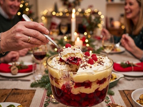 Hand scooping fresh English trifle dessert with spoon from glass bowl during Christmas family dinner