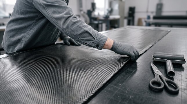 Technician prepares carbon fiber layup for composite parts