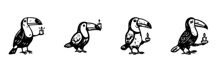Fototapeta premium Toucan Bird With Candle Hand Drawn Doodle Icon Set. Light And Illumination Sketch Symbol Collection. Wildlife And Nature Decorative Design. Isolated Vector Illustration