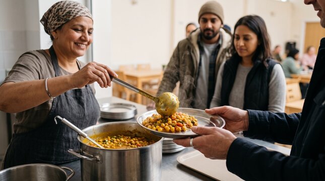 Vaisakhi volunteer serves a warm vegetarian meal