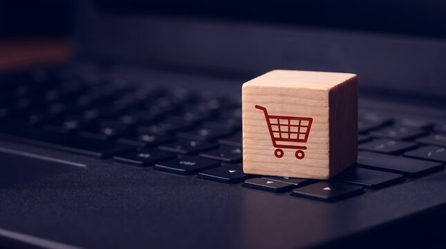 Wooden block with a red shopping cart icon placed on a black laptop keyboard, representing online retail transactions for e-commerce and digital business growth.