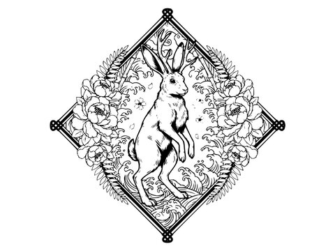 Leaping mythical jackalope with antlers surrounded by flowers and waves in a diamond vector border